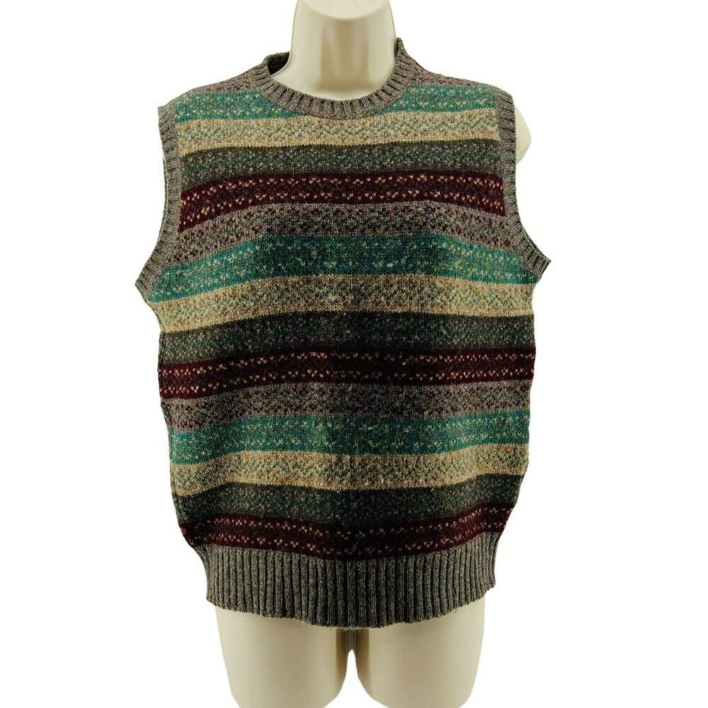 Vintage Lands End Women's Shetland Wool Multicolor Stripe Vest Brown Sweater M